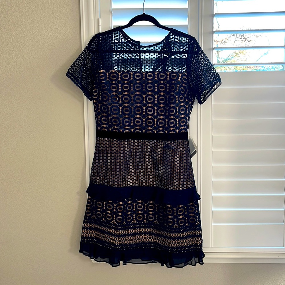 Lace and Chiffon Navy Dress - M, NWT